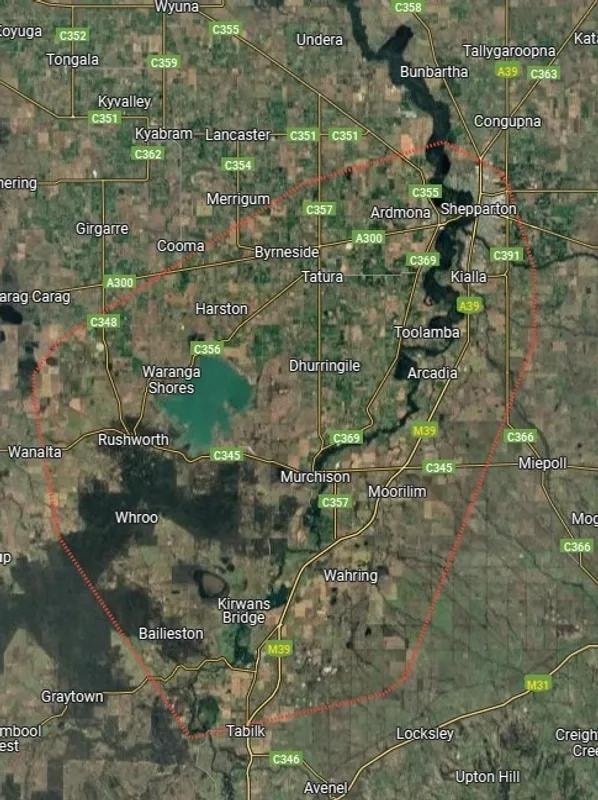 Service area map showing Murchison, Nagambie, Rushworth, Shepparton, Tatura and Toolamba